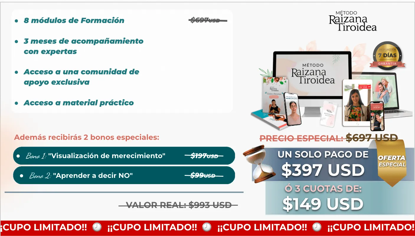 Método Raizana Tiroidea: un solo pago de $397 USD o 3 cuotas de $149 USD