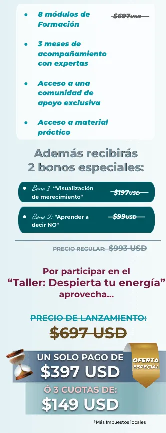 Un solo pago de $397 USD o 3 cuotas de $149 USD